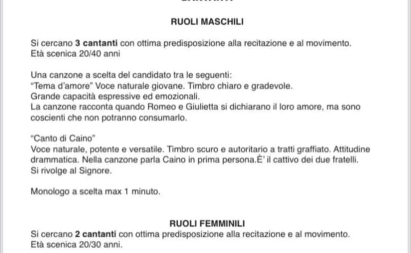 A.A.A. cercasi cantanti per “Caino e Abele – il musical” di Tony Cucchiara