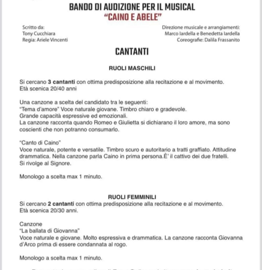 A.A.A. cercasi cantanti per “Caino e Abele – il musical” di Tony Cucchiara